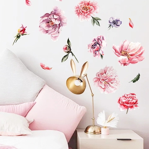 Watercolor Floral Wall Sticker PVC Peony Rose Flower Wall Decals Artistic Removable Home Decor For Bedroom Living Room