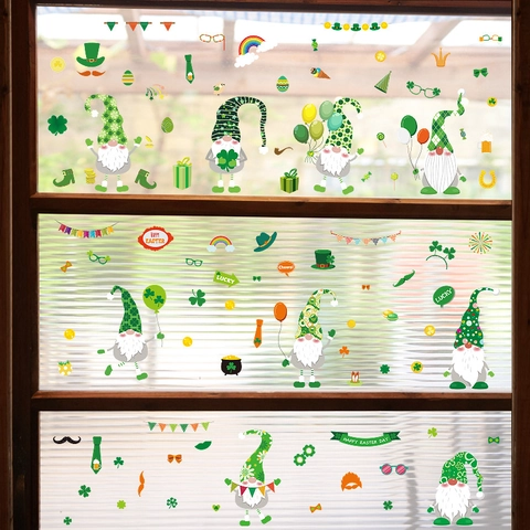 Pegatinas de Ventana Gnomo de Pascua y San Patricio Doble Cara Estática PVC Trébol Huevos de Pascua Calcomanía Vidrio