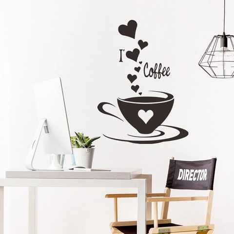 Adesivo da Parete in PVC Moderno Minimalista con Motivo a Tazza di Caffè e Cuore Decalcomania da Muro Fai-da-Te per Cucina Bar Camera da Letto