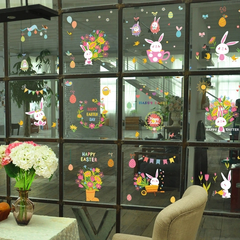 Pegatinas de Ventana de Pascua de PVC de Adherencia Estática Conejo Animado Huevos Flores para Decoración Festiva del Hogar