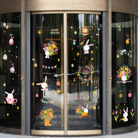 Pegatinas de Ventana de Pascua de PVC de Adherencia Estática Conejo Animado Huevos Flores para Decoración Festiva del Hogar