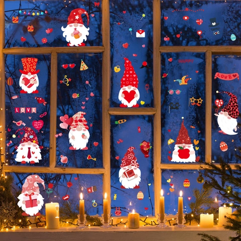 Gnom Valentinstag Ostern Statische Fensteraufkleber PVC Herz Ei Blume Aufkleber Für Glas Feiertag Heimdekoration