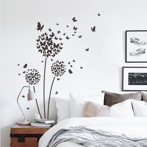 Minimalistische Schwarze Schmetterling Löwenzahn Wandtattoo DIY Abnehmbare PVC Kunst Wandbild Für Schlafzimmer Wohnzimmer