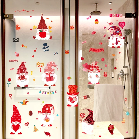 Gnom Valentinstag Ostern Statische Fensteraufkleber PVC Herz Ei Blume Aufkleber Für Glas Feiertag Heimdekoration