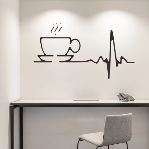 Modern Schwarz Kaffee Tasse Herzschlag Wandsticker Abnehmbar PVC Dekoration Für Küche Schlafzimmer Wohnzimmer Büro Wandverschönerung