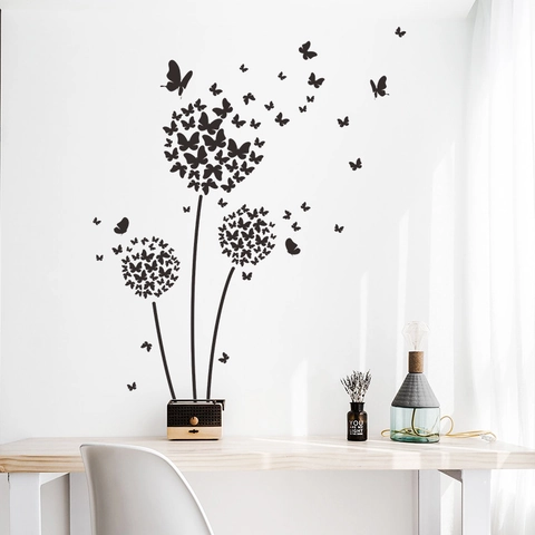 Minimalistische Schwarze Schmetterling Löwenzahn Wandtattoo DIY Abnehmbare PVC Kunst Wandbild Für Schlafzimmer Wohnzimmer