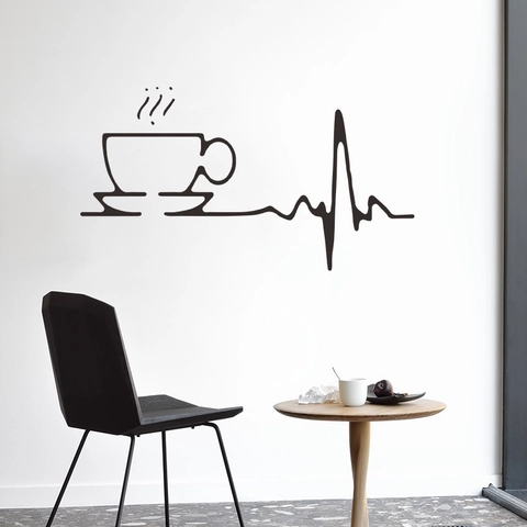 Modern Schwarz Kaffee Tasse Herzschlag Wandsticker Abnehmbar PVC Dekoration Für Küche Schlafzimmer Wohnzimmer Büro Wandverschönerung