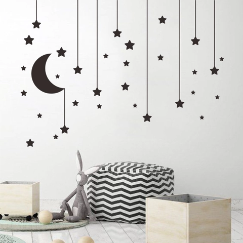Adesivo da Parete Stelle e Luna Nere PVC Rimovibile Fai-da-te Decalcomanie Celesti per Camera dei Bambini Soggiorno Decorazione Casa