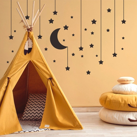 Adesivo da Parete Stelle e Luna Nere PVC Rimovibile Fai-da-te Decalcomanie Celesti per Camera dei Bambini Soggiorno Decorazione Casa
