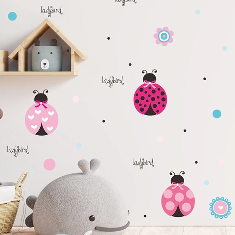 Adesivi Murali Coccinella Rosa Con Motivo Floreale Cuore DIY PVC Decalcomanie Da Muro Per Camera Dei Bambini Casa Decor