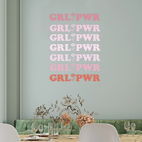 GRL PWR Girl Power Quote Wall Sticker With Rose Pattern Gradient Pink Orange PVC Wall Decal For Bedroom Decor