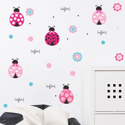 Adesivi Murali Coccinella Rosa Con Motivo Floreale Cuore DIY PVC Decalcomanie Da Muro Per Camera Dei Bambini Casa Decor