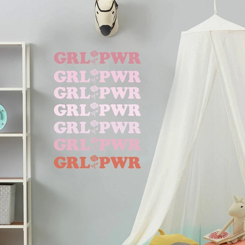 GRL PWR Girl Power Quote Wall Sticker With Rose Pattern Gradient Pink Orange PVC Wall Decal For Bedroom Decor