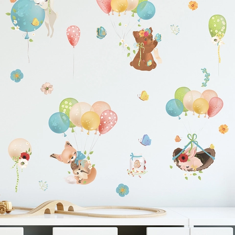 Pegatinas de Pared de Animales de Acuarela de Dibujos Animados Zorro Conejo para Decoración de Dormitorio Infantil PVC