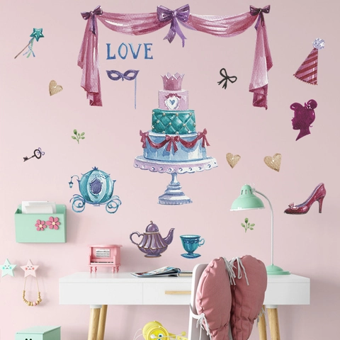 Watercolor Princess Wall Sticker Pumpkin Carriage Cake High Heels PVC Wall Decal For Kids Girl Bedroom Birthday Party Decor
