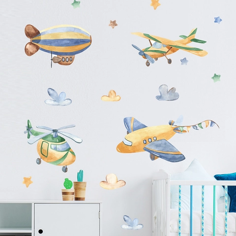 Pegatinas De Pared De Avión De Dibujos Animados De Acuarela De PVC Para Dormitorio Infantil Dirigible Nube Estrella FX-C153