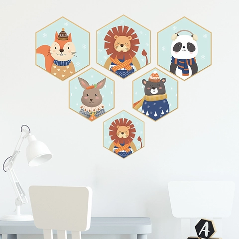 Juego de Vinilos Decorativos de PVC Hexagonales de Animales de Dibujos Animados Tema de Invierno para Habitación Infantil