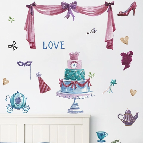 Watercolor Princess Wall Sticker Pumpkin Carriage Cake High Heels PVC Wall Decal For Kids Girl Bedroom Birthday Party Decor