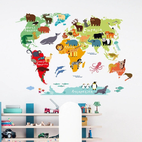 Cartoon Animal World Map Wall Sticker For Kids Room PVC Educational Map Decal For Nursery Bedroom Classroom Home Wall Decor