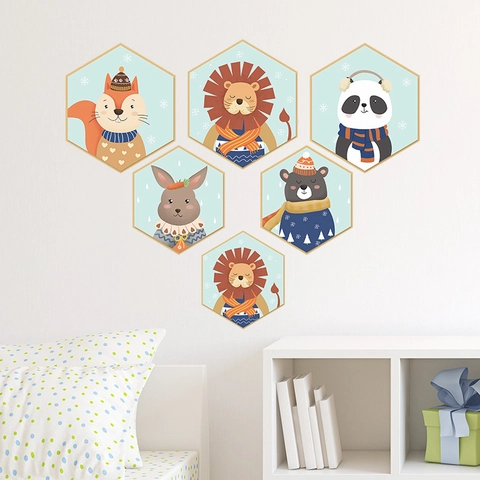 Juego de Vinilos Decorativos de PVC Hexagonales de Animales de Dibujos Animados Tema de Invierno para Habitación Infantil