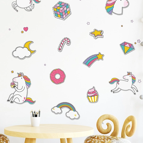 Adesivo da Parete Cartone Animato Unicorno Arcobaleno Per Cameretta Bambini PVC Removibile Fai Da Te Per Asilo Nido Camera Letto