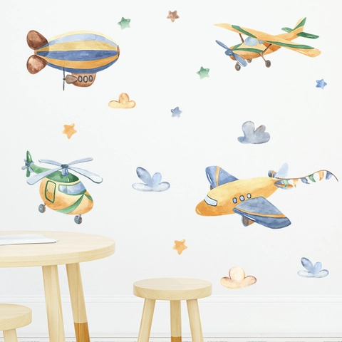Pegatinas De Pared De Avión De Dibujos Animados De Acuarela De PVC Para Dormitorio Infantil Dirigible Nube Estrella FX-C153