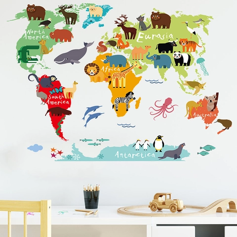 Cartoon Animal World Map Wall Sticker For Kids Room PVC Educational Map Decal For Nursery Bedroom Classroom Home Wall Decor