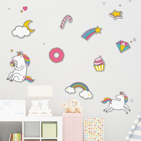 Adesivo da Parete Cartone Animato Unicorno Arcobaleno Per Cameretta Bambini PVC Removibile Fai Da Te Per Asilo Nido Camera Letto