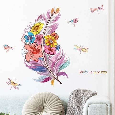 Colorful Feather And Dragonfly Flower Wall Stickers PVC Artistic Floral Decals For Girls Bedroom Living Room Home Decoration