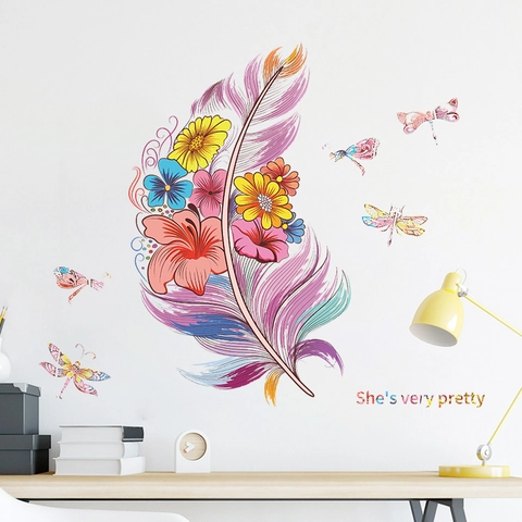 Colorful Feather And Dragonfly Flower Wall Stickers PVC Artistic Floral Decals For Girls Bedroom Living Room Home Decoration