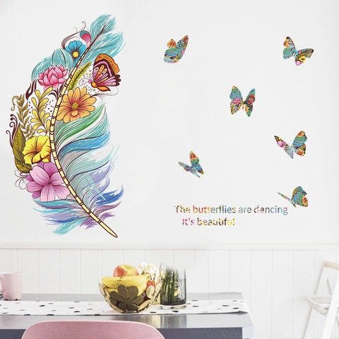 Bunte Feder Schmetterling Blume Wandaufkleber PVC Kunst Wandbild Für Kinder Schlafzimmer Wohnzimmer Haus Deko Ästhetisch