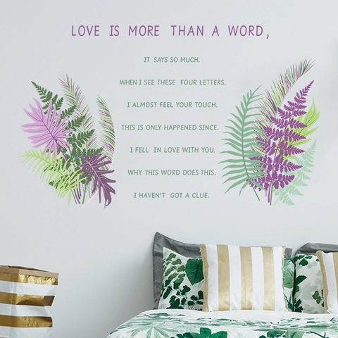 Tropical Fern Leaves Wall Sticker With English Love Slogan Removable PVC Wall Decal For Living Room Bedroom Home Decoration