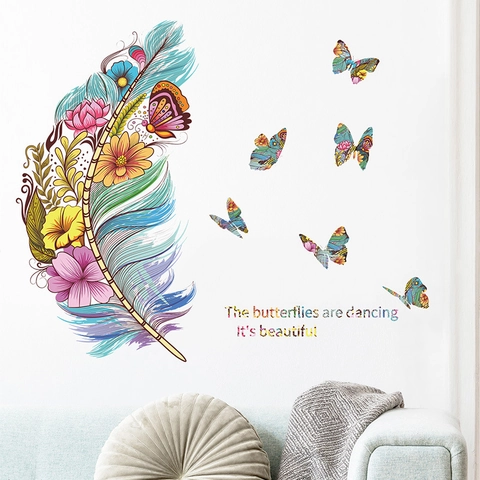 Bunte Feder Schmetterling Blume Wandaufkleber PVC Kunst Wandbild Für Kinder Schlafzimmer Wohnzimmer Haus Deko Ästhetisch