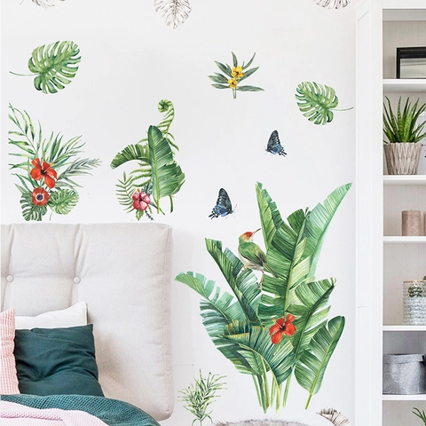 Tropical Monstera Leaves Green Plants Wall Stickers PVC Waterproof Hibiscus Flower Bird Butterfly Decals For Living Room