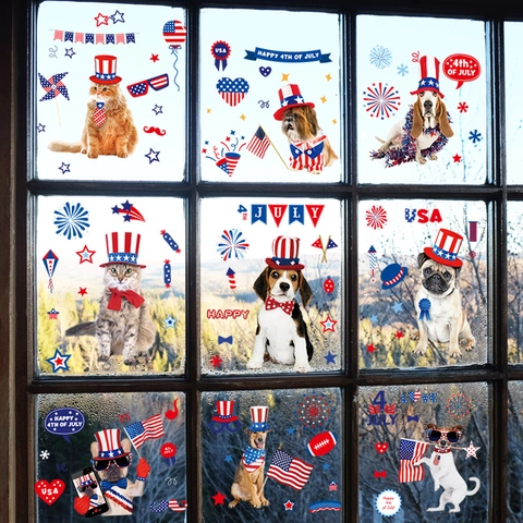 Adesivi Statici per Finestre del Giorno dell'Indipendenza USA Modelli Patriottici Animali Domestici Bandiera Americana Fuochi d'Artificio Decorazione Festiva
