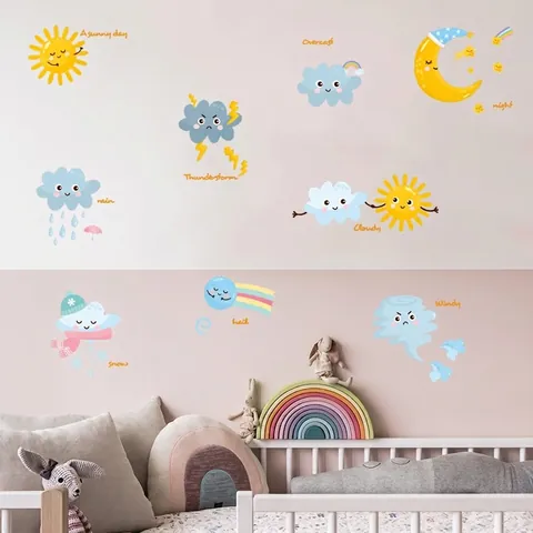 Cartoon Weather Sun Cloud Moon Wall Stickers For Kids Nursery Bedroom Removable PVC DIY Art Decals Kindergarten Wall Decor