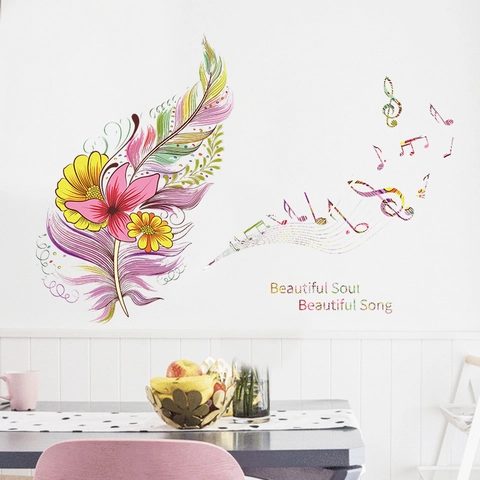 Colorato Piuma Fiore Nota Musicale Adesivi Murali PVC Rimovibile Artistico Decalcomanie da Muro per Camera Bambini Soggiorno Casa