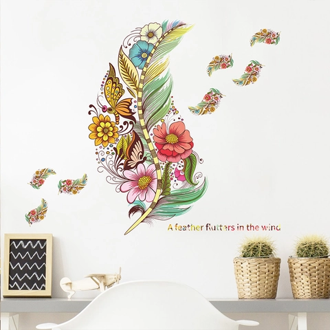 Kleurrijke Veer Bloem Vlinder Muursticker Verwijderbaar PVC Decoratieve Muursticker Voor Kinderkamer Woonkamer Huisdecoratie