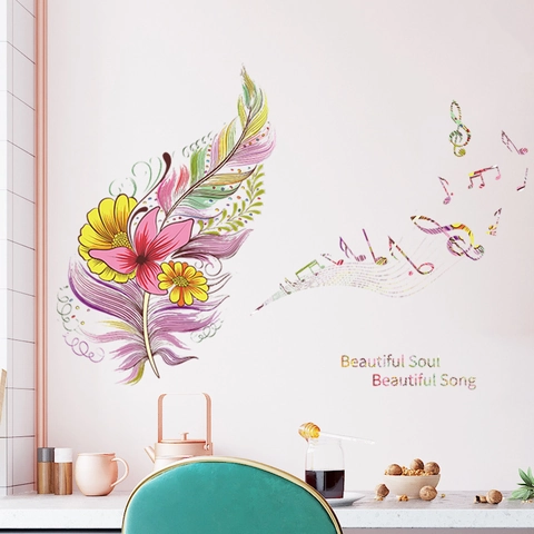 Colorato Piuma Fiore Nota Musicale Adesivi Murali PVC Rimovibile Artistico Decalcomanie da Muro per Camera Bambini Soggiorno Casa