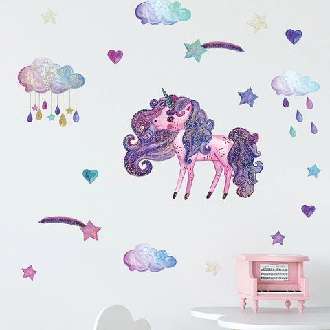 Aquarell Lila Einhorn Wandtattoo PVC Wolke Stern Herz Abnehmbare Wandaufkleber Für Kinderzimmer Kindergarten Schlafzimmer Dekor