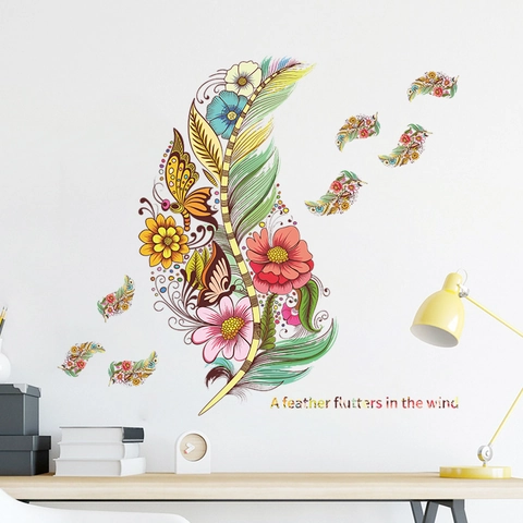 Kleurrijke Veer Bloem Vlinder Muursticker Verwijderbaar PVC Decoratieve Muursticker Voor Kinderkamer Woonkamer Huisdecoratie