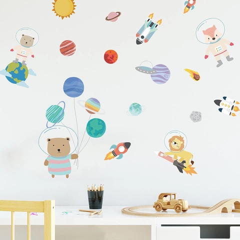Cartoon Astronaut Animal Space Wall Sticker PVC Self Adhesive Rocket Planet Stars Nursery Kids Bedroom Room Decor