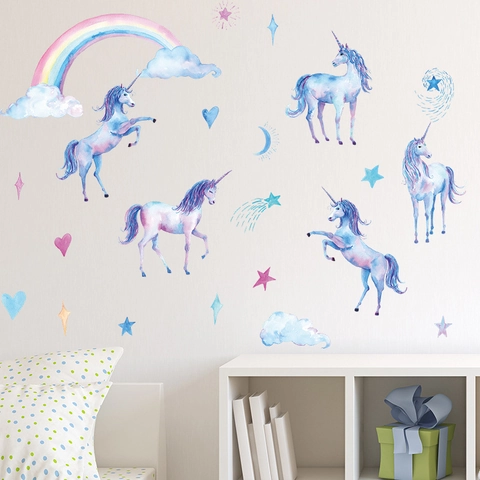 Pegatinas de Pared de Unicornio Arco Iris de Acuarela Para Habitación de Niños Decoración PVC Removible Animales de Dibujos Animados