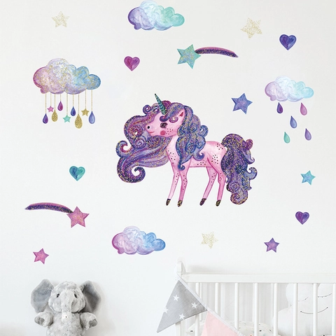 Aquarell Lila Einhorn Wandtattoo PVC Wolke Stern Herz Abnehmbare Wandaufkleber Für Kinderzimmer Kindergarten Schlafzimmer Dekor