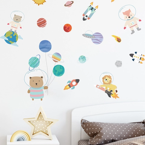 Cartoon Astronaut Animal Space Wall Sticker PVC Self Adhesive Rocket Planet Stars Nursery Kids Bedroom Room Decor