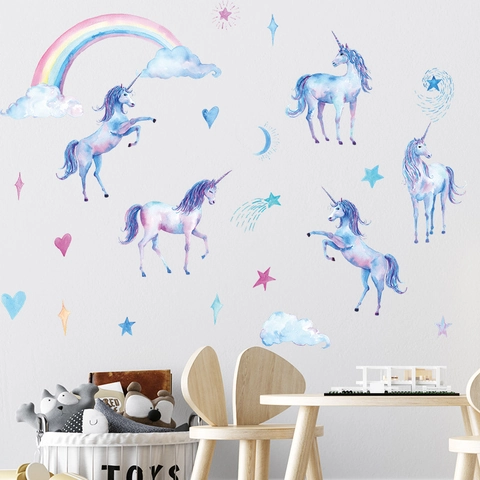 Pegatinas de Pared de Unicornio Arco Iris de Acuarela Para Habitación de Niños Decoración PVC Removible Animales de Dibujos Animados