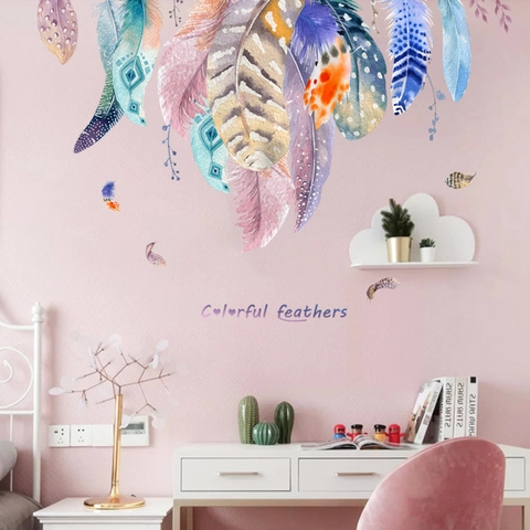 Bohemian Bunte Aquarell Feder Wandtattoos Für Schlafzimmer Wohnzimmer PVC Selbstklebende Wandaufkleber Dekoration