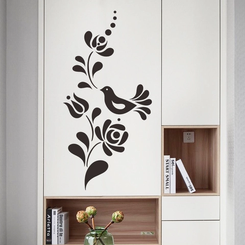 Minimalistisch Schwarz Blumenranke Vogel Wandaufkleber PVC Wasserdicht Dekoratives Wandtattoo Für Wohnzimmer Schlafzimmer