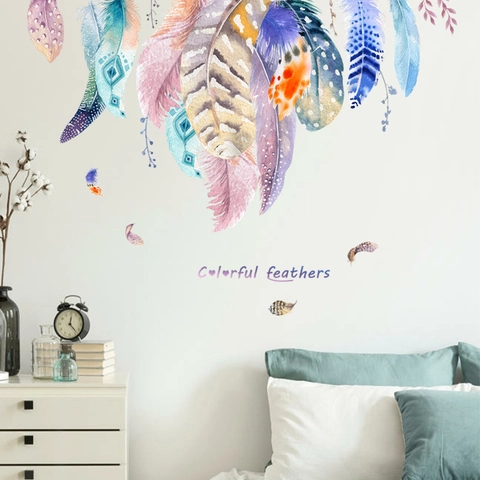 Bohemian Bunte Aquarell Feder Wandtattoos Für Schlafzimmer Wohnzimmer PVC Selbstklebende Wandaufkleber Dekoration