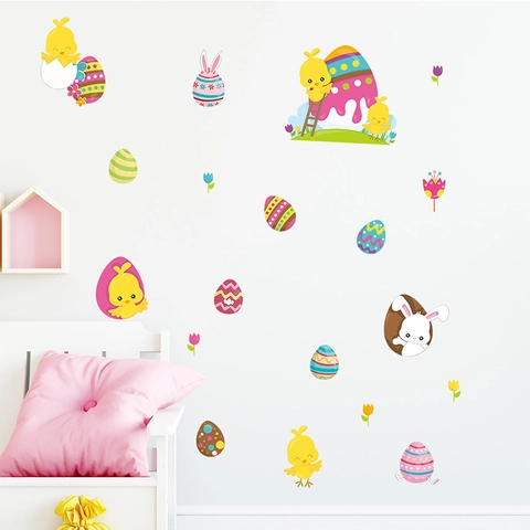 Easter Cartoon Bunny Chicken Egg Wall Sticker PVC Waterproof DIY Removable Home Decor For Kids Room Bedroom Living Room